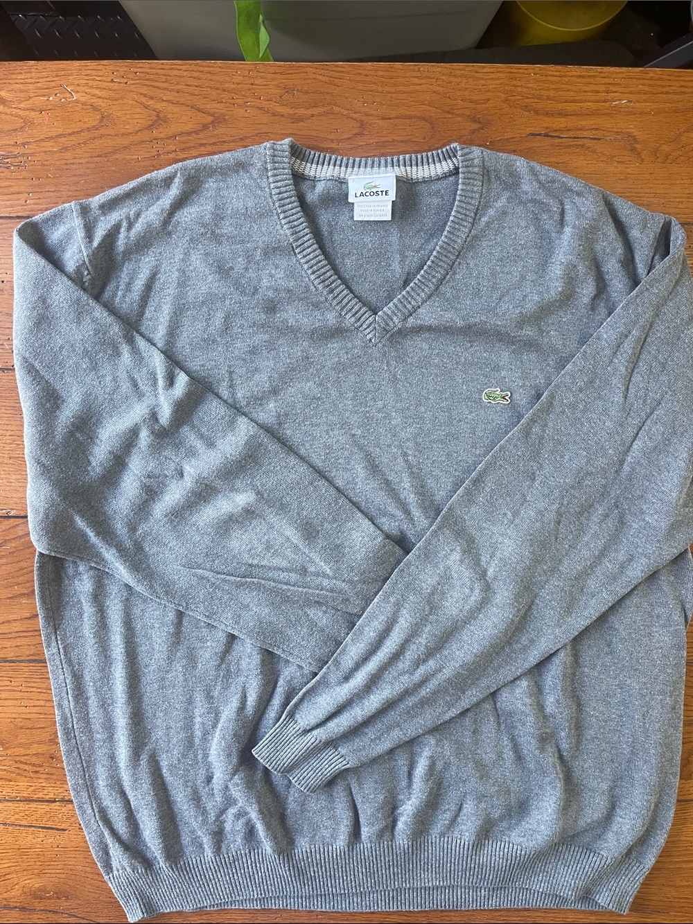 Lacoste Men's V-Neck Sweater in Gray with Green Crocodile Logo